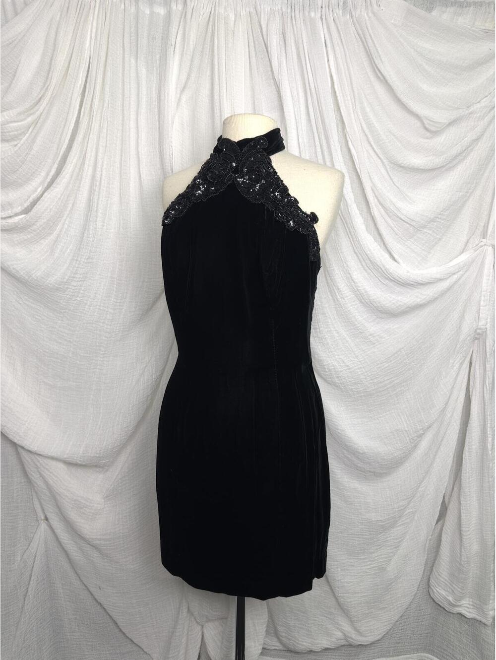 Vintage 80s Climax Karen Odaka Black Velvet Halter Neck Sequined Mini Dress